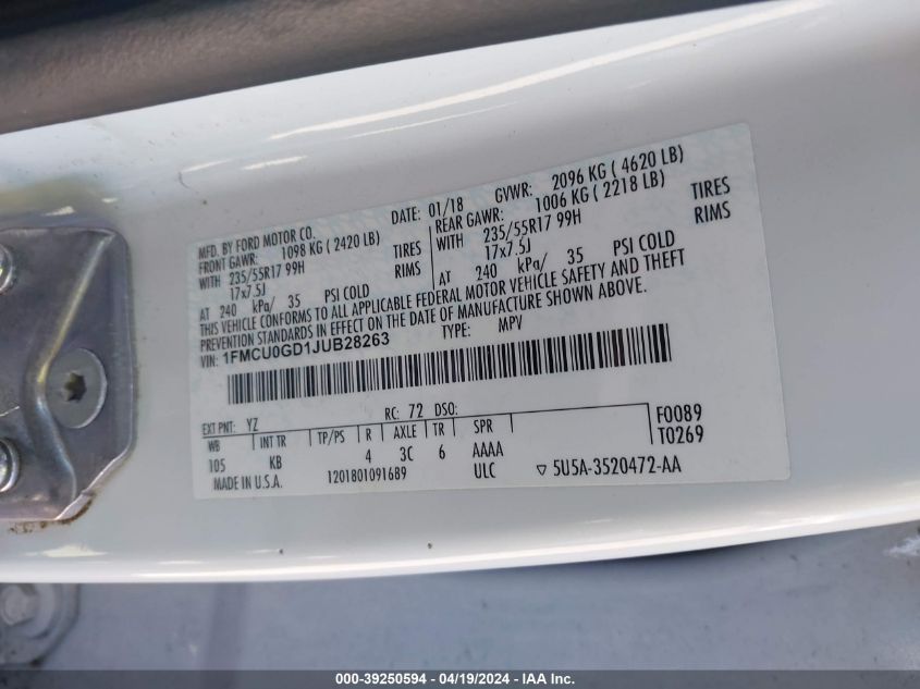 2018 Ford Escape Se VIN: 1FMCU0GD1JUB28263 Lot: 39250594