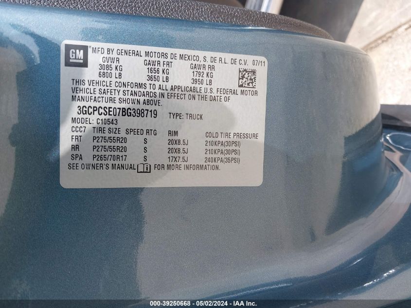 2011 Chevrolet Silverado 1500 Lt VIN: 3GCPCSE07BG398719 Lot: 39250668