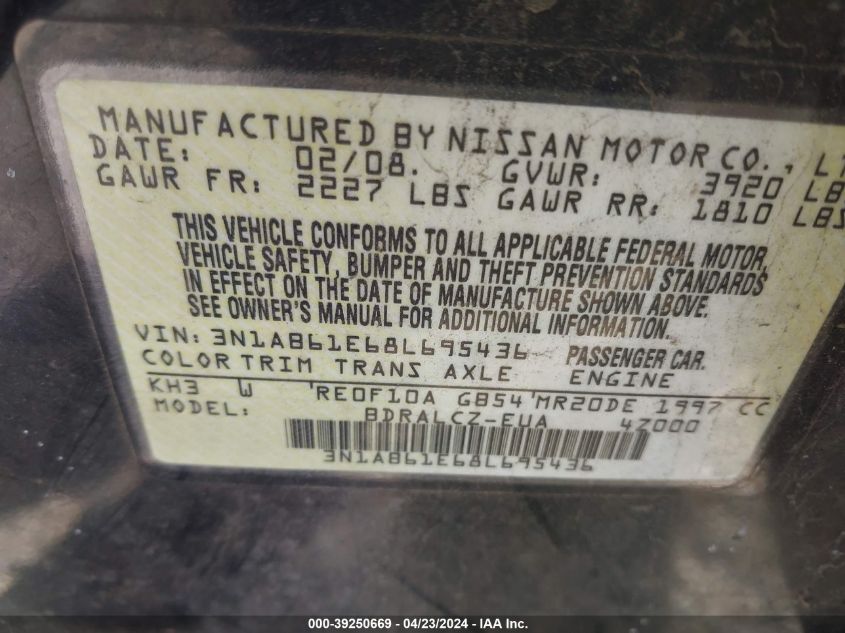 2008 Nissan Sentra 2.0 VIN: 3N1AB61E68L695436 Lot: 39250669