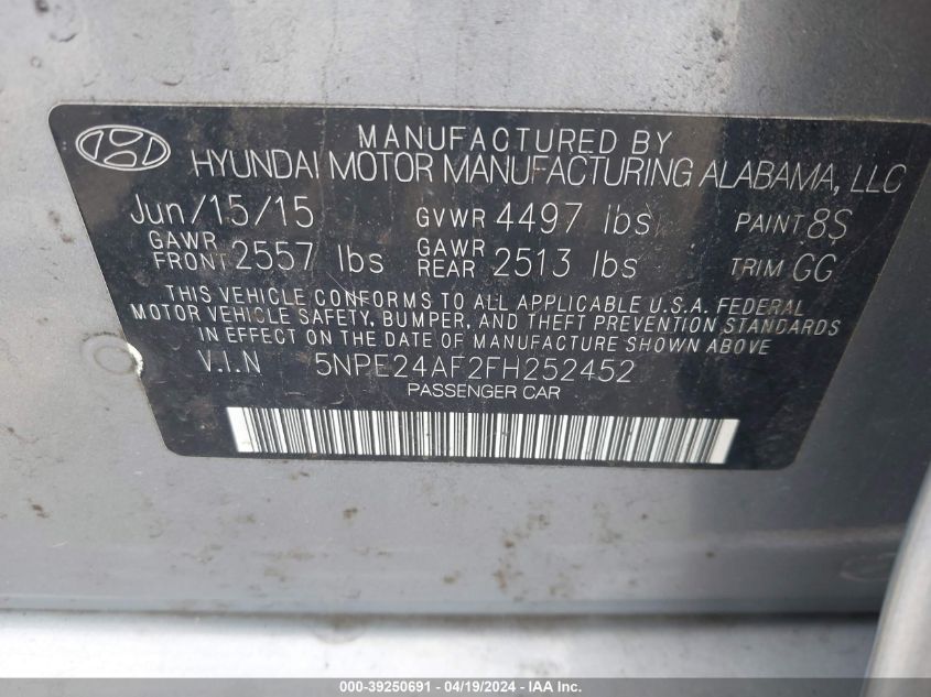 5NPE24AF2FH252452 | 2015 HYUNDAI SONATA