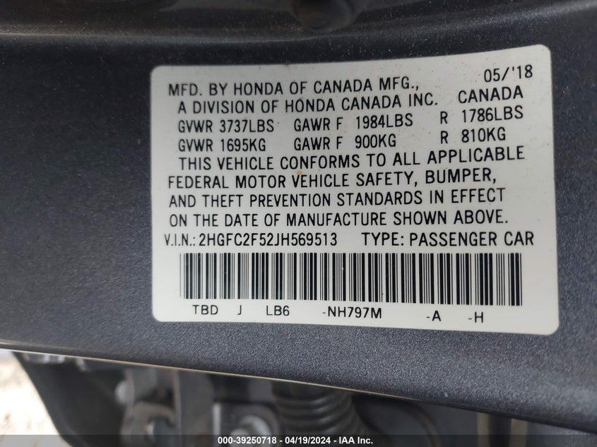 VIN 2HGFC2F52JH569513 2018 HONDA CIVIC LX