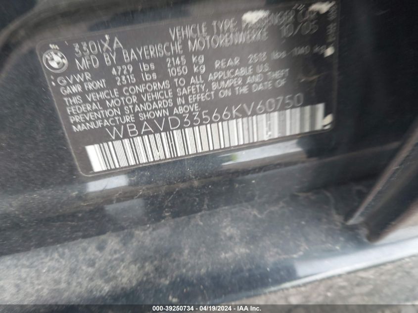 2006 BMW 330Xi VIN: WBAVD33566KV60750 Lot: 39250734