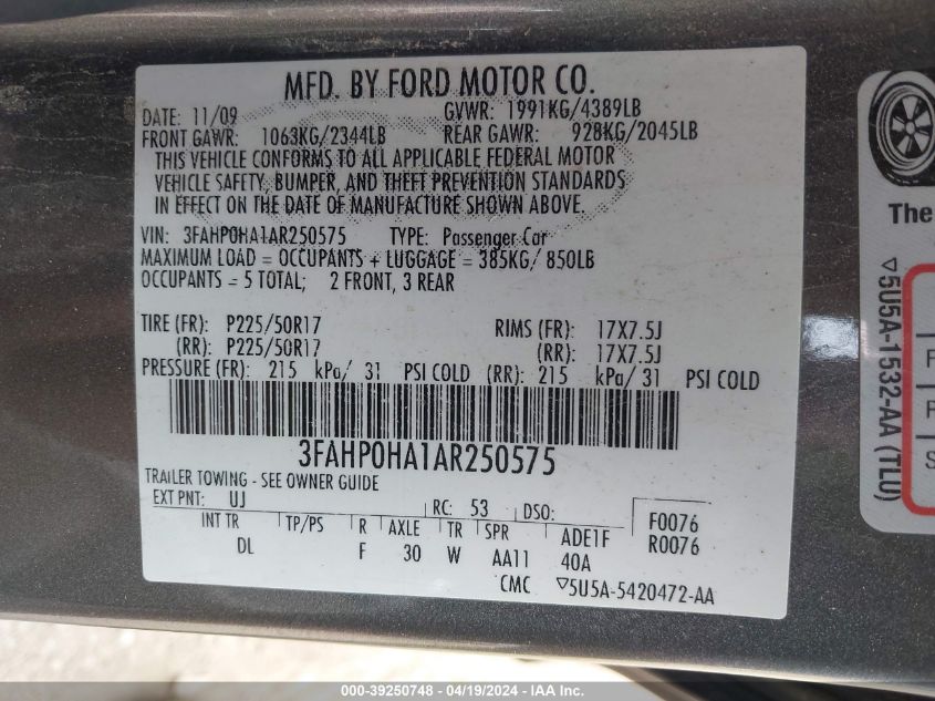 2010 Ford Fusion Se VIN: 3FAHP0HA1AR250575 Lot: 39250748