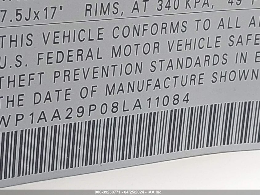 2008 Porsche Cayenne VIN: WP1AA29P08LA11084 Lot: 39250771