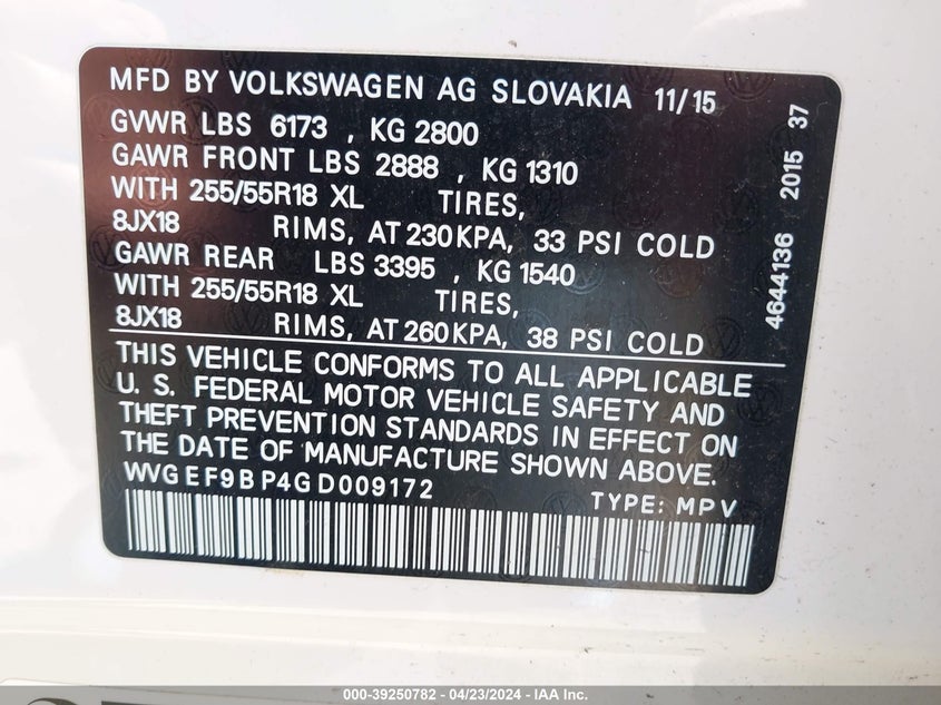 2016 VOLKSWAGEN TOUAREG VR6 EXECUTIVE/VR6 LUX/VR6 SPORT - WVGEF9BP4GD009172