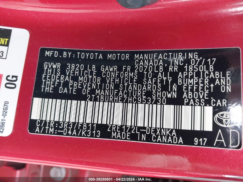 2017 Toyota Corolla Le VIN: 2T1BURHE7HC953730 Lot: 39250801