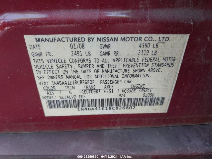 2008 Nissan Maxima 3.5 Se VIN: 1N4BA41E18C826802 Lot: 39250830