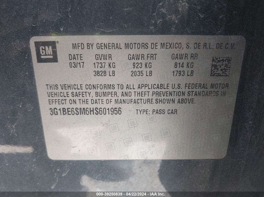 2017 Chevrolet Cruze Lt Auto VIN: 3G1BE6SM6HS601956 Lot: 39250839