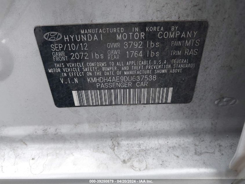 2013 Hyundai Elantra Gls VIN: KMHDH4AE9DU637538 Lot: 39250879