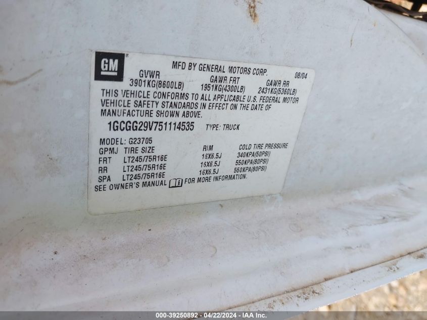2005 Chevrolet Express VIN: 1GCGG29V751114535 Lot: 39250892