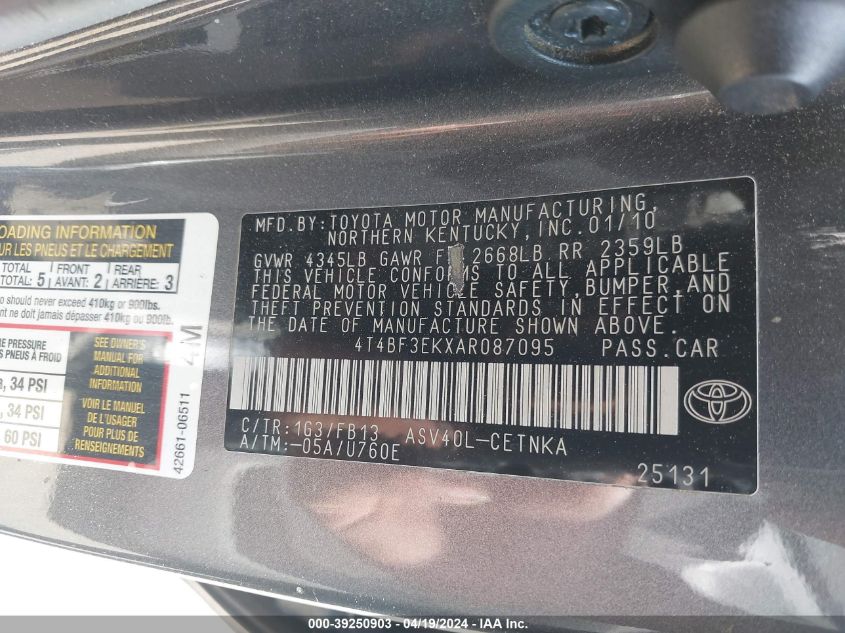 2010 Toyota Camry Le VIN: 4T4BF3EKXAR087095 Lot: 39250903