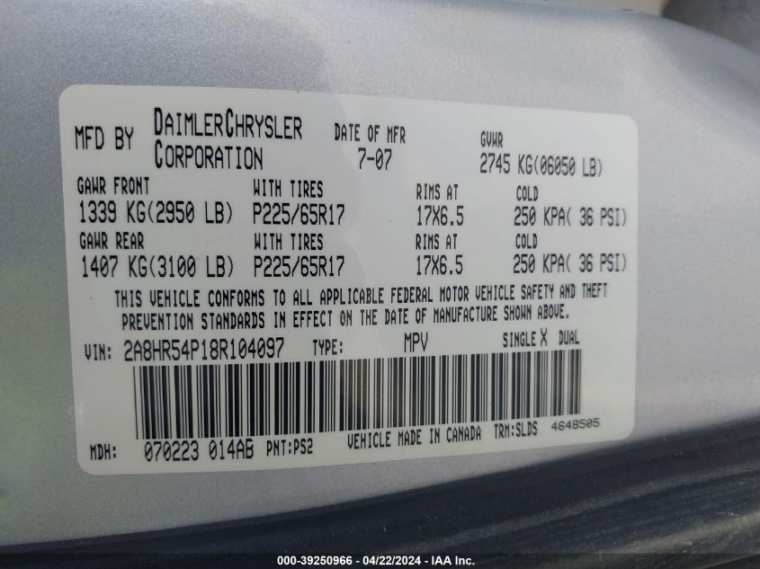 2008 Chrysler Town & Country Touring VIN: 2A8HR54P18R104097 Lot: 39250966