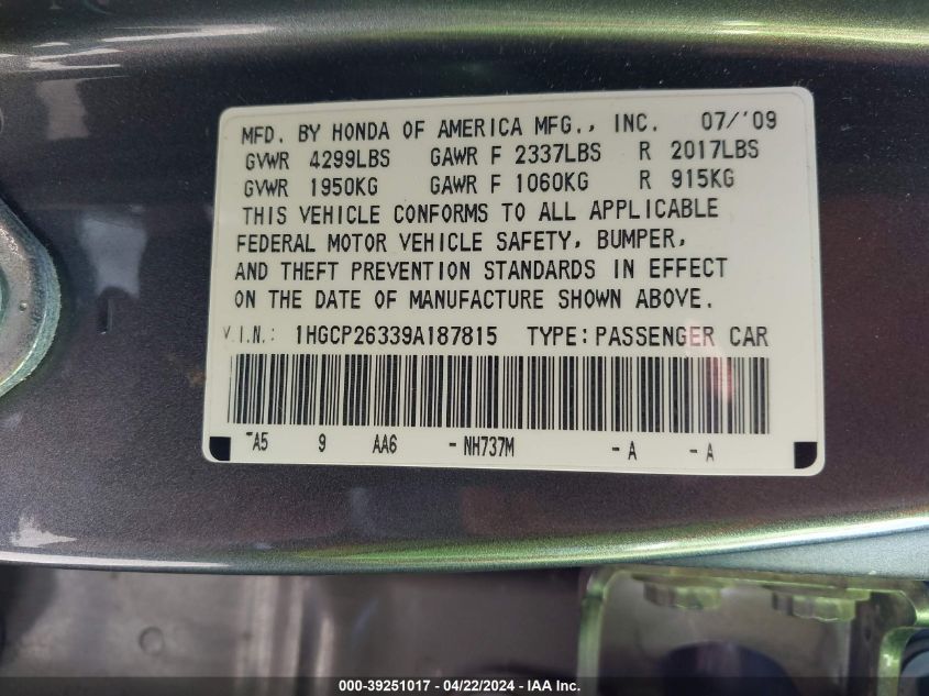 2009 Honda Accord 2.4 Lx VIN: 1HGCP26339A187815 Lot: 39251017