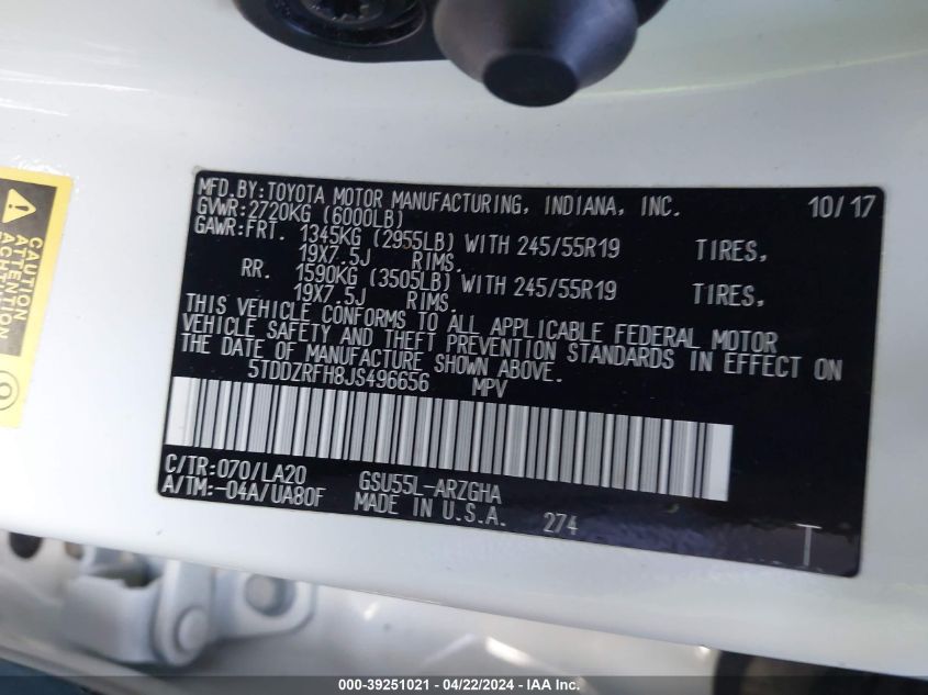 2018 Toyota Highlander Limited Platinum VIN: 5TDDZRFH8JS496656 Lot: 39251021