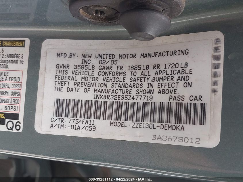 2005 Toyota Corolla Ce VIN: 1NXBR32E35Z477719 Lot: 39251112