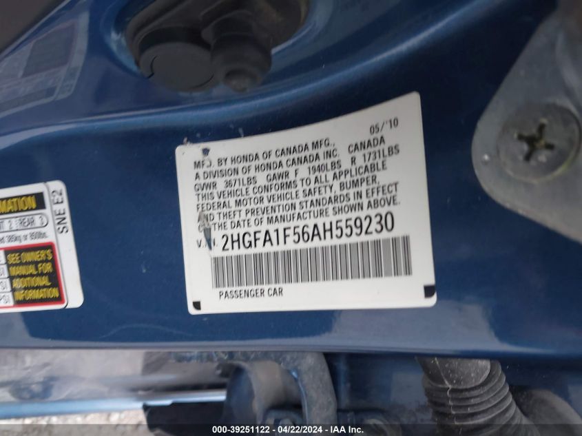 2010 Honda Civic Lx VIN: 2HGFA1F56AH559230 Lot: 39251122