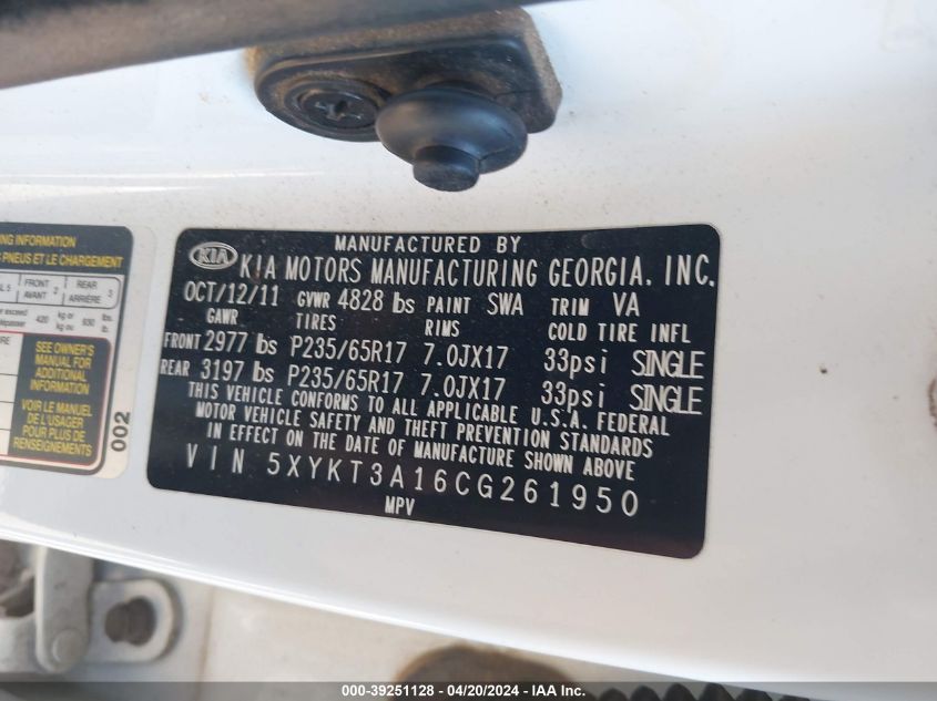 2012 Kia Sorento Lx VIN: 5XYKT3A16CG261950 Lot: 39251128