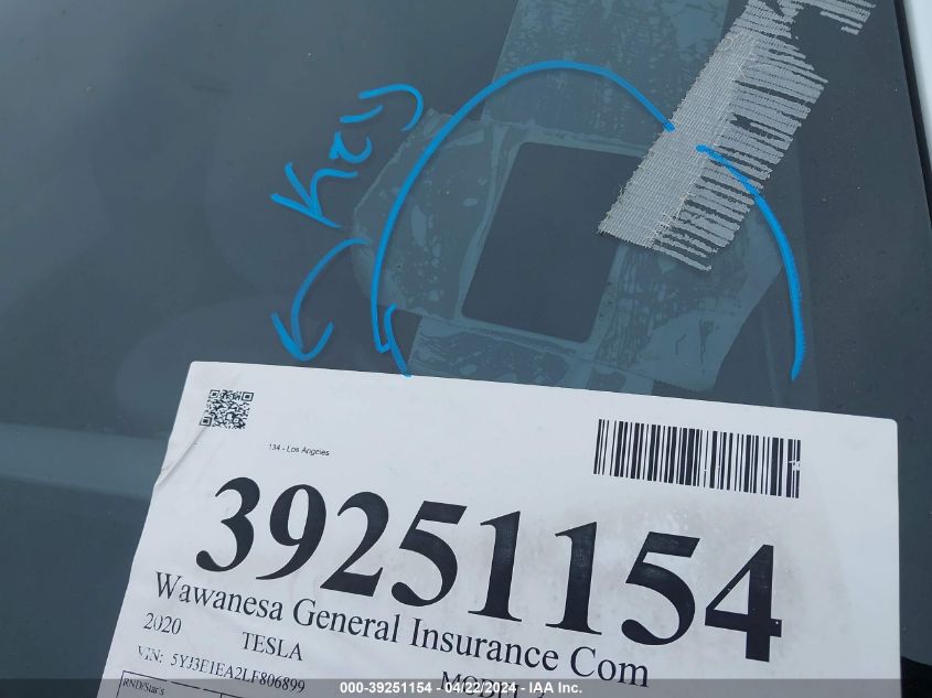 2020 Tesla Model 3 Standard Range Plus Rear-Wheel Drive/Standard Range Rear-Wheel Drive VIN: 5YJ3E1EA2LF806899 Lot: 39251154