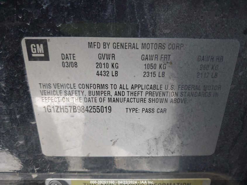 1G1ZH57B984255019 | 2008 CHEVROLET MALIBU