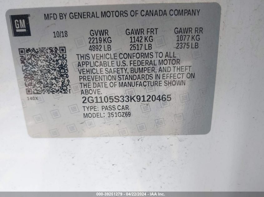 2019 Chevrolet Impala Premier VIN: 2G1105S33K9120465 Lot: 39251279