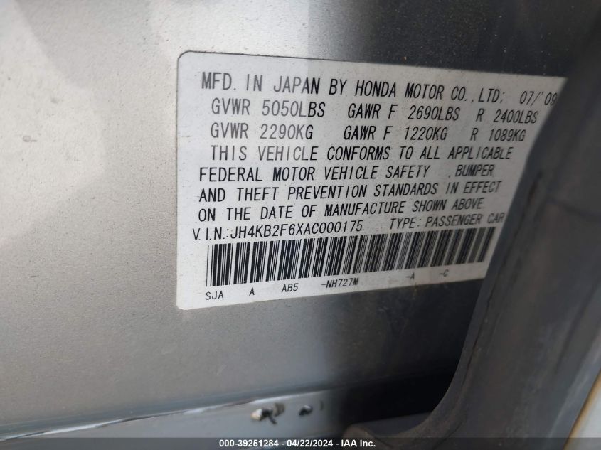 2010 Acura Rl 3.7 VIN: JH4KB2F6XAC000175 Lot: 39251284