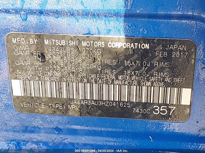 2017 MITSUBISHI OUTLANDER SPORT 2.0 ES - JA4AR3AU3HZ041625