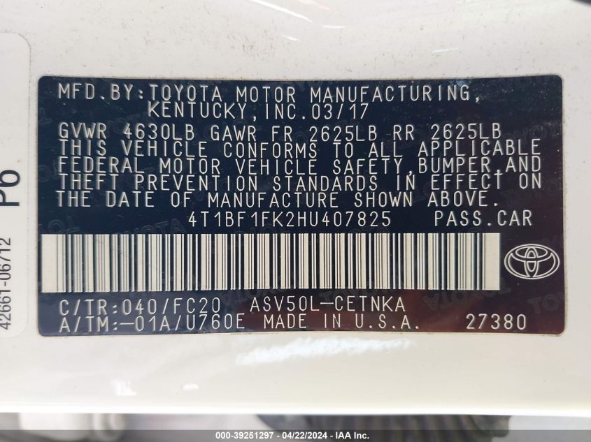 2017 TOYOTA CAMRY VIN: 4T1BF1FK2HU407825