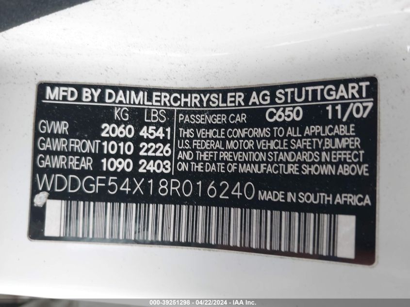 2008 Mercedes-Benz C 300 Luxury/Sport VIN: WDDGF54X18R016240 Lot: 39251298