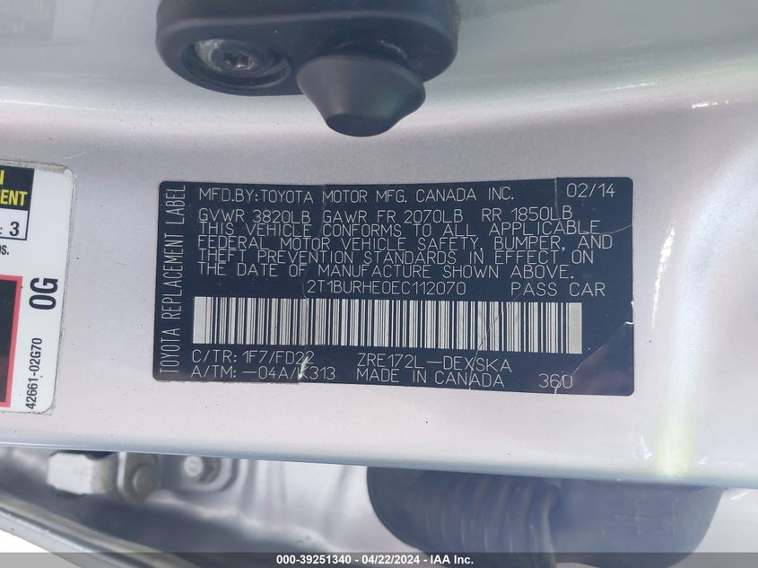 2014 TOYOTA COROLLA L/LE/LE PLS/PRM/S/S PLS - 2T1BURHE0EC112070