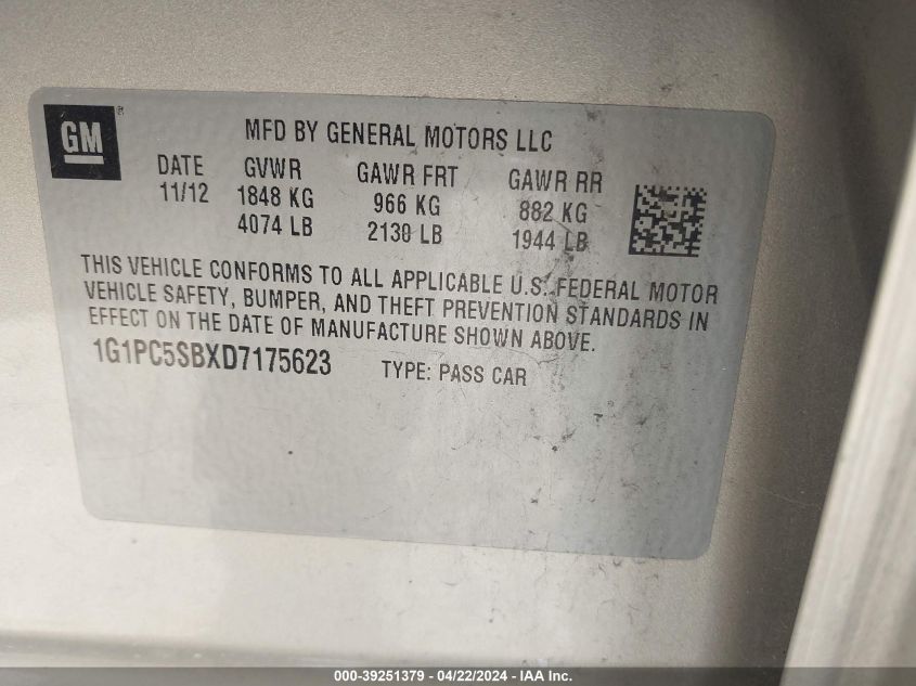 2013 Chevrolet Cruze 1Lt Auto VIN: 1G1PC5SBXD7175623 Lot: 39251379