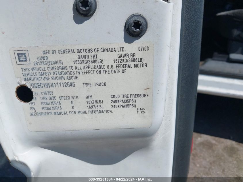 2001 Chevrolet Silverado 1500 Ls VIN: 2GCEC19V411112646 Lot: 39251384