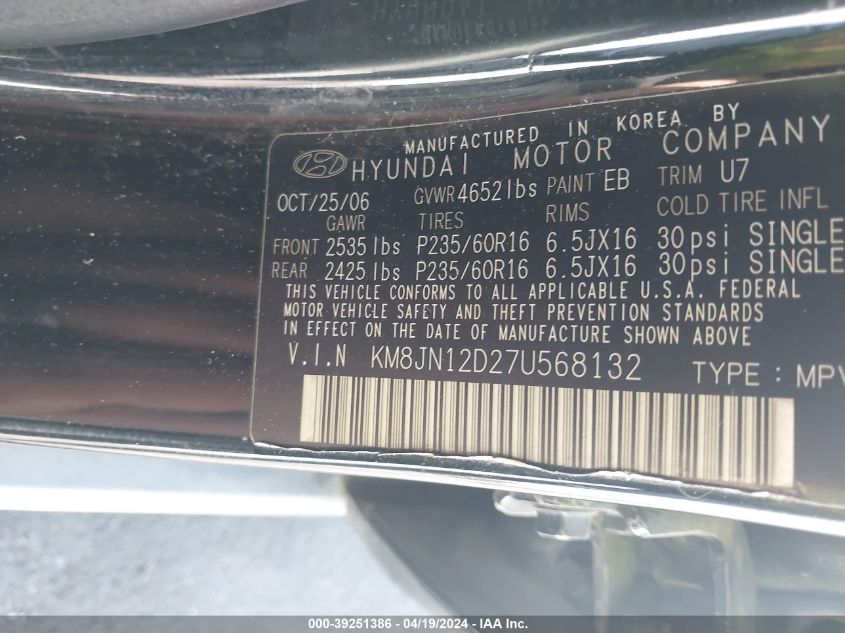 2007 Hyundai Tucson Limited/Se VIN: KM8JN12D27U568132 Lot: 39251386