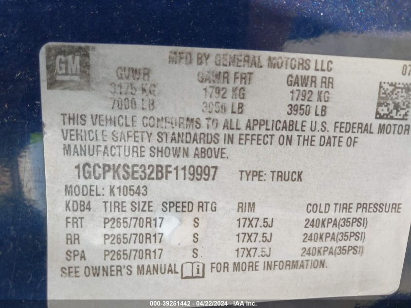 2011 Chevrolet Silverado 1500 Lt VIN: 1GCPKSE32BF119997 Lot: 39251442