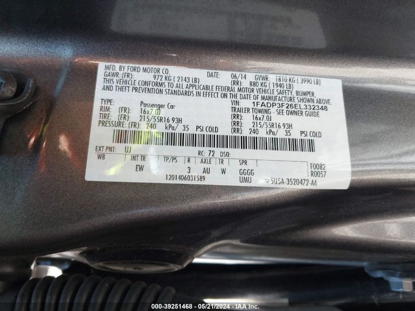 2014 Ford Focus Se VIN: 1FADP3F26EL332348 Lot: 39251468