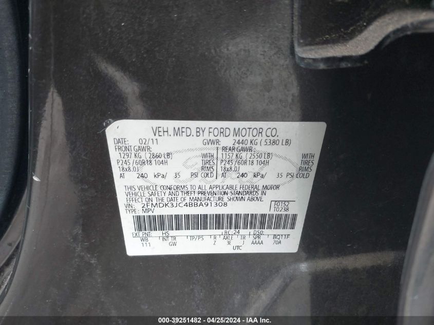 2011 Ford Edge Sel VIN: 2FMDK3JC4BBA91308 Lot: 39251482