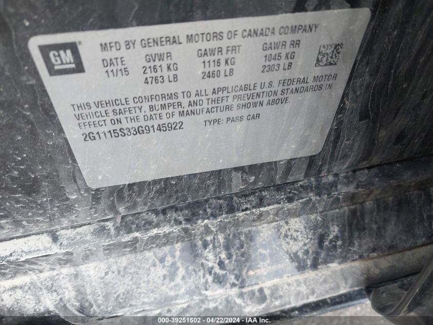 2016 Chevrolet Impala 2Lt VIN: 2G1115S33G9145922 Lot: 39251502