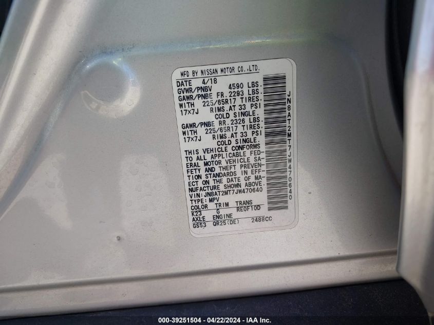 2018 Nissan Rogue Sv VIN: JN8AT2MT7JW470640 Lot: 39251504