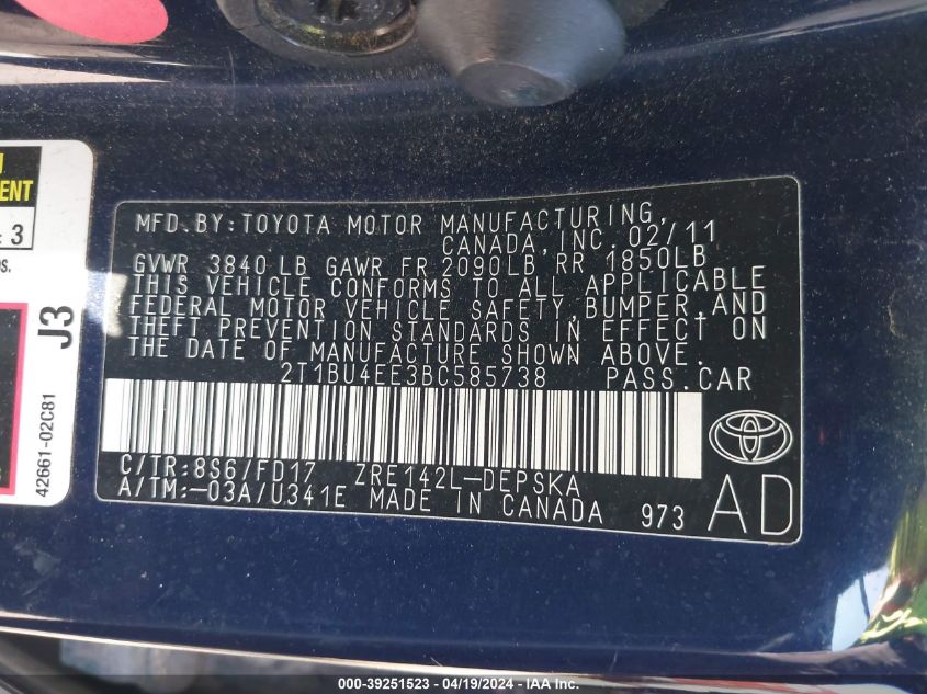 2011 Toyota Corolla S VIN: 2T1BU4EE3BC585738 Lot: 39251523