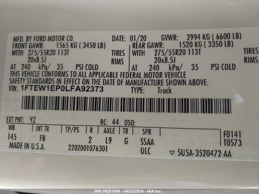 VIN 1FTEW1EP0LFA92373 2020 FORD F-150 XLT