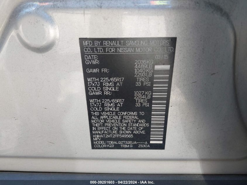 2015 Nissan Rogue Sv VIN: KNMAT2MT2FP549565 Lot: 39251603