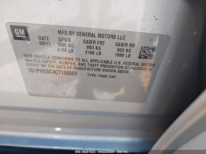 2012 Chevrolet Cruze Ltz VIN: 1G1PH5SC4C7136907 Lot: 39251623