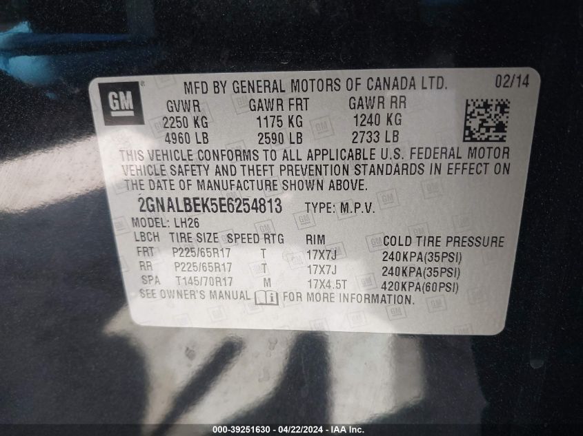 2014 Chevrolet Equinox 1Lt VIN: 2GNALBEK5E6254813 Lot: 39251630