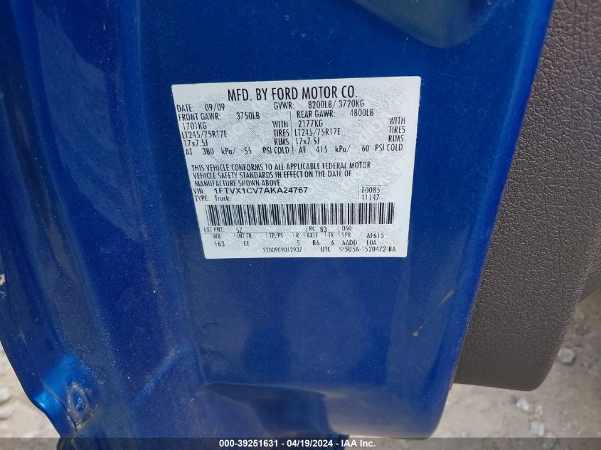 2010 Ford F-150 Xl/Xlt VIN: 1FTVX1CV7AKA24767 Lot: 39251631