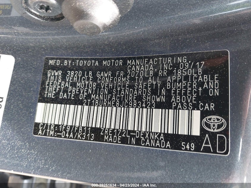 2018 TOYOTA COROLLA L/LE/XLE/SE/XSE - 2T1BURHE8JC983423