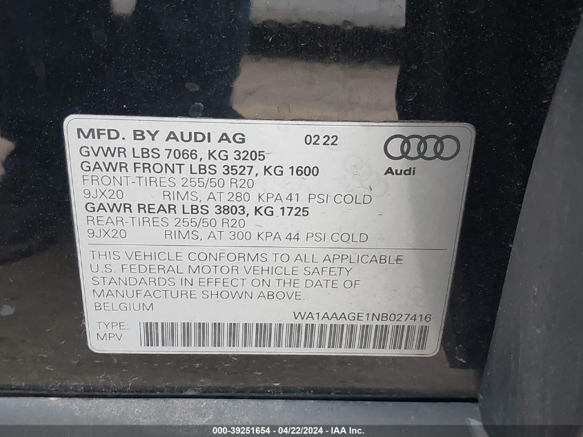 2022 Audi E-Tron Premium Quattro VIN: WA1AAAGE1NB027416 Lot: 39251654