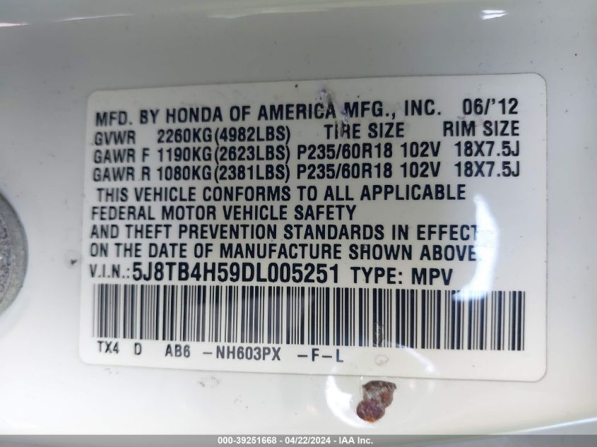 2013 Acura Rdx VIN: 5J8TB4H59DL005251 Lot: 39251668