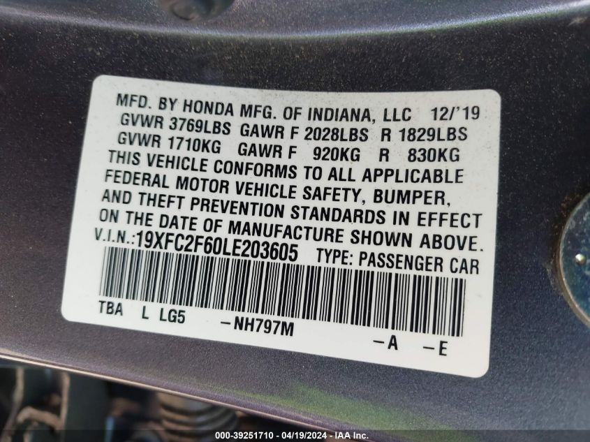 2020 Honda Civic Lx VIN: 19XFC2F60LE203605 Lot: 39251710