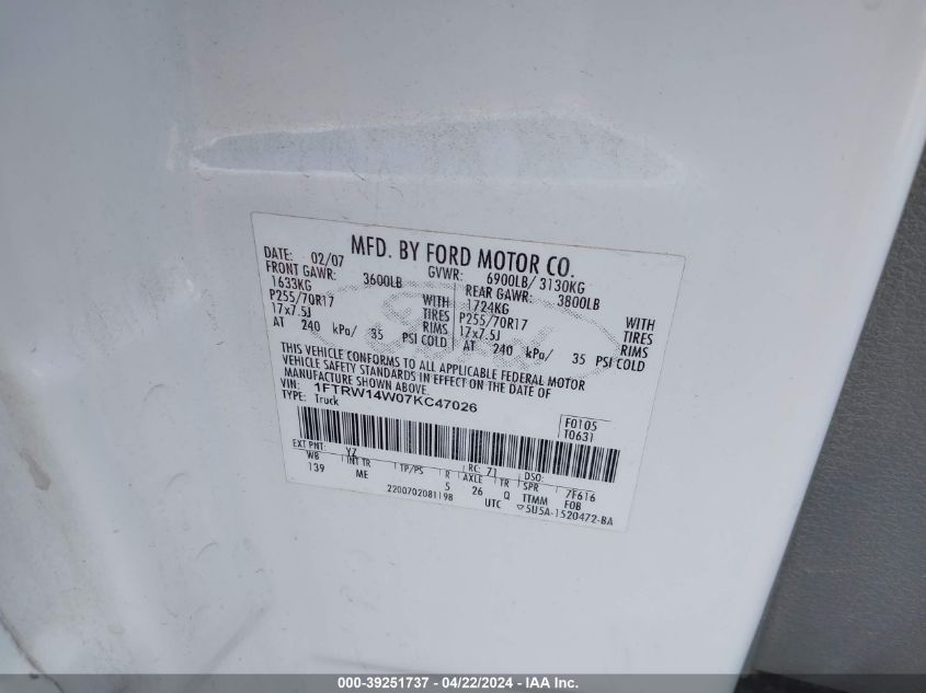 2007 Ford F-150 Xlt VIN: 1FTRW14W07KC47026 Lot: 39251737