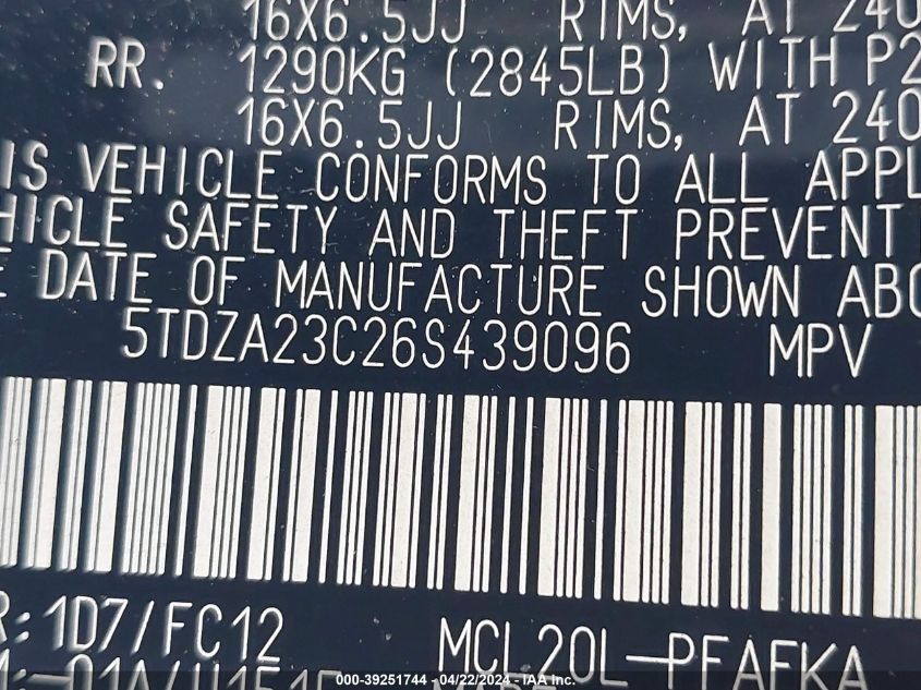 2006 Toyota Sienna Le VIN: 5TDZA23C26S439096 Lot: 39251744