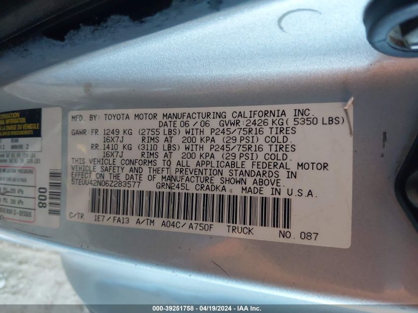 2006 Toyota Tacoma Base V6 VIN: 5TEUU42N06Z283577 Lot: 39251758